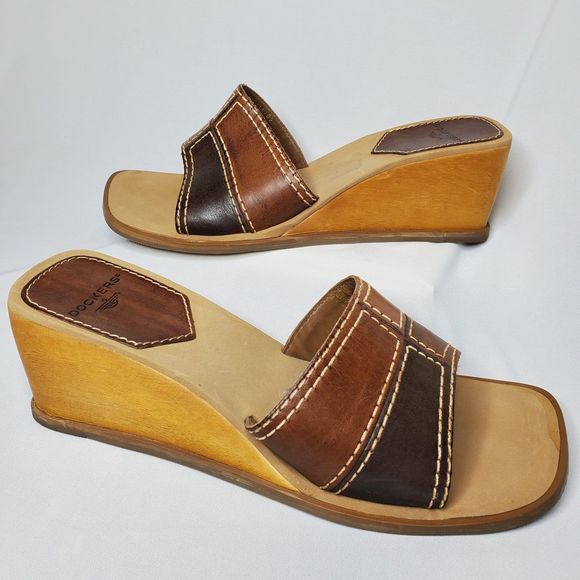 Vintage Y2K DOCKERS Sandals Slip-On Wedge Brown Patchwork Women's Size 8.5 - Picture 3 of 10